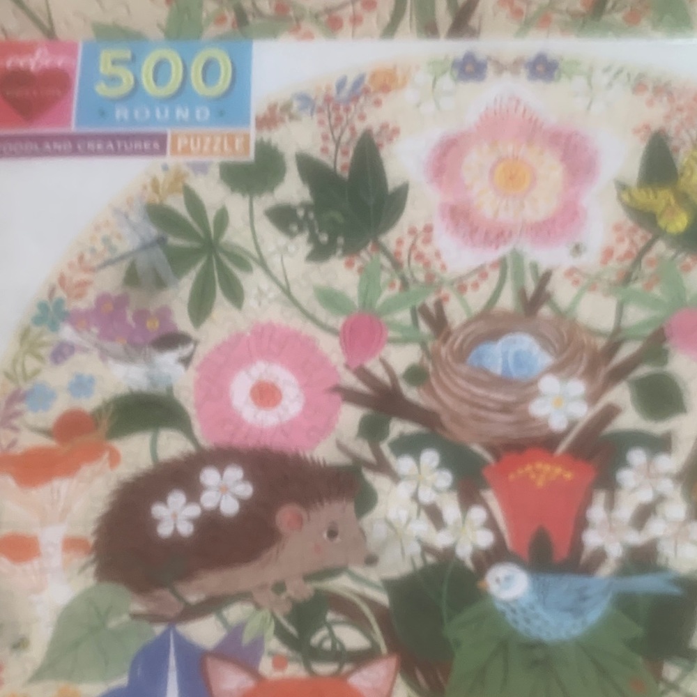 Puzzle by Eeboo. 500ct round. Woodland Creatures